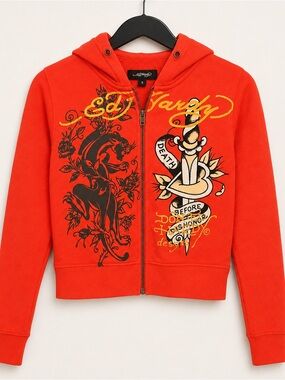 Ed Hardy Orange Graphic Zip Hoodie